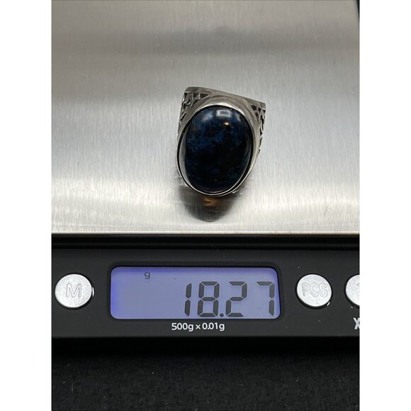 Vintage Sterling Silver Azurite Ring Chunky Open Scrollwork Size 8 Heavy Signed - Picture 6 of 9